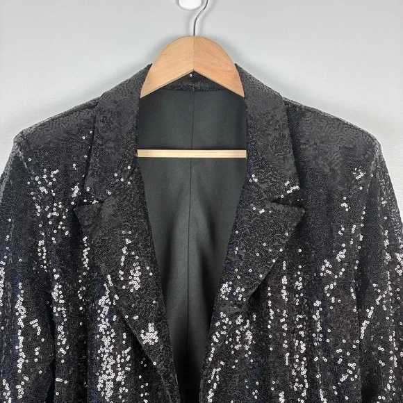 Cupshe XL Black Sequin Open Front Jacket Long Sleeve Collared Glam Party Shimmer - Picture 6 of 11